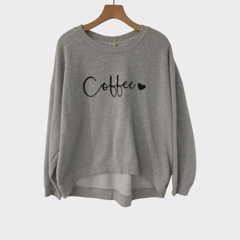 GreenTea Grey "Coffee" Pullover Sweatshirt with Heart Detail